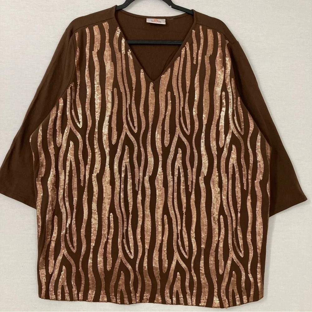 Quacker Factory V Neck Brown Sequins Stretch Top size 2X